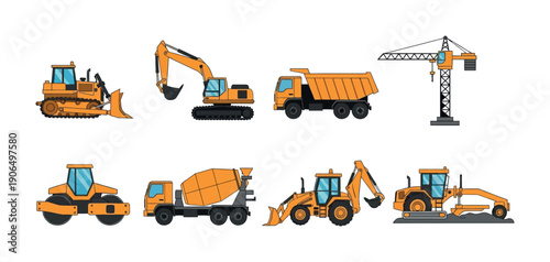 Collection of various heavy construction machinery including bulldozer, excavator, dump truck, crane, road roller, concrete mixer, backhoe, and grader for civil engineering and building