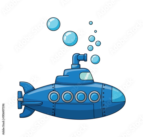 Blue submarine with periscope and round portholes floating underwater with rising bubbles, perfect for childrens stories, educational resources, game designs, or marine adventure themes.