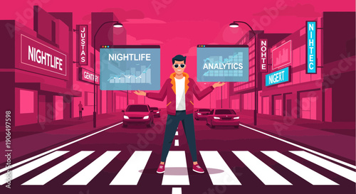 Man on Crosswalk Holding Nightlife and Analytics Folders in City.