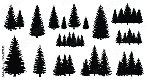 A collection of various black silhouette pine tree shapes and sizes