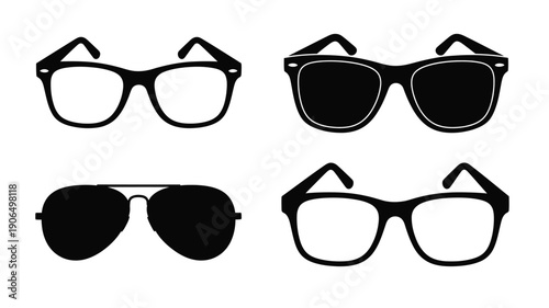 Four pairs of sunglasses displayed as a stark black silhouette
