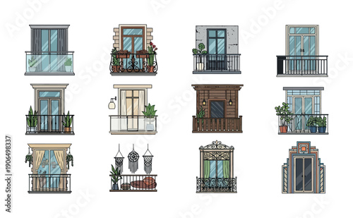 Collection of diverse apartment balconies and windows with various architectural styles and decorative plants perfect for real estate, home decor, or urban living projects