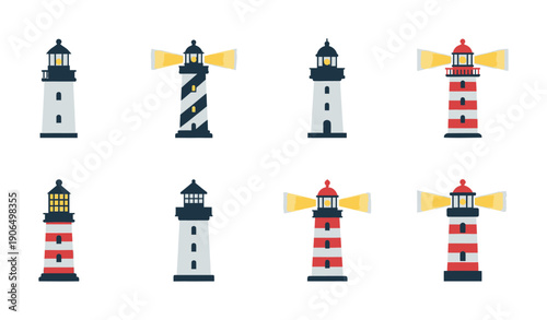 Various lighthouses illuminating the way providing guidance and safety for maritime navigation and ocean travel suitable for educational materials or nautical themed graphic needs
