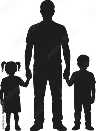Father holding hands with two children silhouette vector family