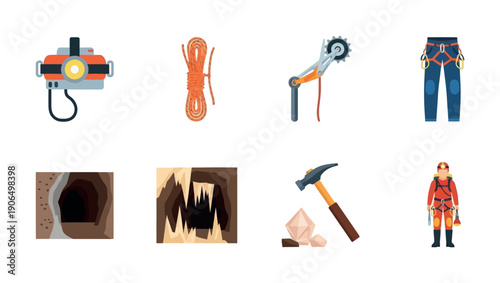 Professional caving equipment and underground exploration scenes presented as flat vector icons for outdoor adventure publications, educational materials, and extreme sport websites.