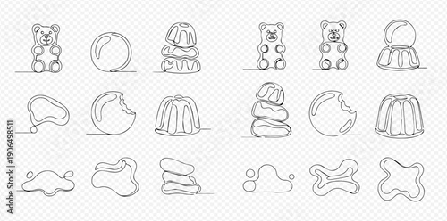 Set of continuous line drawings of various jelly and gummy candies, including gummy bears, round jellies, and stacked sweets, on a transparent background.