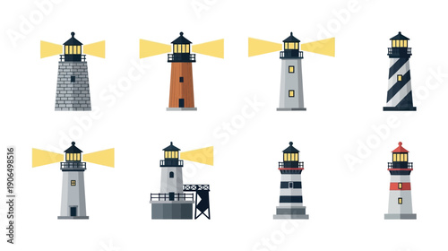 Collection of diverse lighthouses with guiding light beams illustrating coastal navigation and maritime safety for travel brochures or ocean themed projects