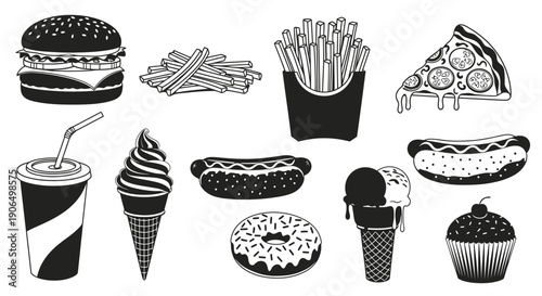 Assorted fast food items a burger fries pizza and sweet treats