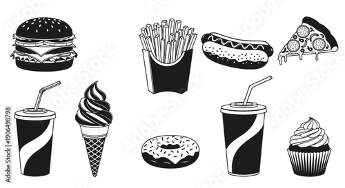 Black and white illustration of various fast food items and desserts