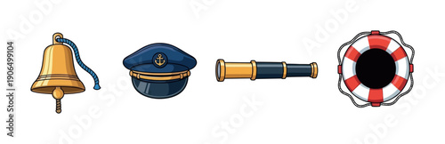 Explore a classic collection of nautical items featuring a golden ships bell, captains hat, spyglass, and lifebuoy, ideal for maritime themes, travel promotions, or educational content.