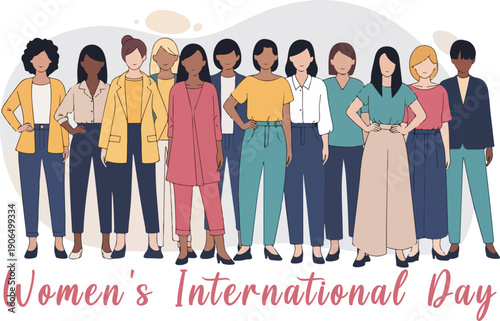 Women's International Day vector illustration with diverse group of women standing together, female empowerment, isolated on white