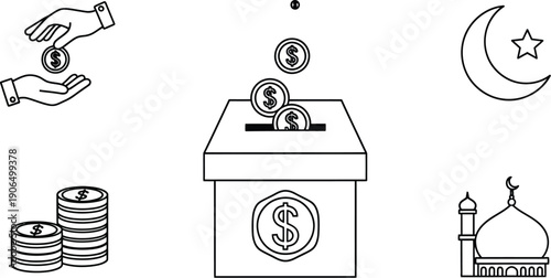 Hands donate money into a collection box with crescent and mosque icons.