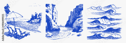 Blue summer beach umbrellas chairs coastal cliffs. Hand drawn sea coves, village shoreline and dynamic waves in vintage line art. Illustration for cards or wall prints.