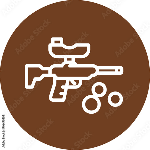 Paintball gun and paintballs on brown circle icon  sport game equipment