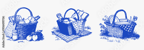 Outdoor picnic baskets plates cutlery family meal. Hand drawn wicker containers and dishes on grass in vintage blue sketch. Illustration for summer gatherings or food branding.