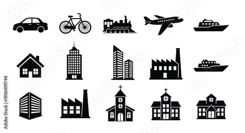 Black silhouettes of various transportation and building icons