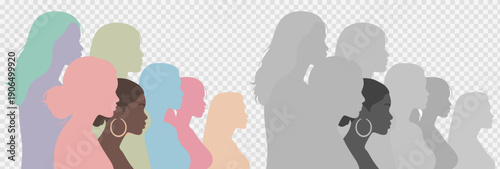 Diverse women's profile silhouettes vector illustration, multi-ethnic female group, pastel and grayscale, png cutout