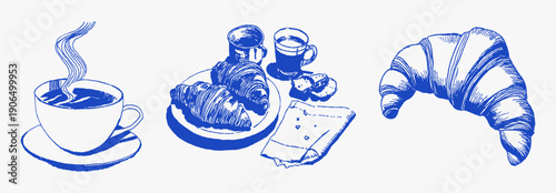 Coffee cups croissants plate cozy cafe brunch. Blue ink sketch composition with napkin and small snacks. Friendly morning food set in retro hand drawn style.