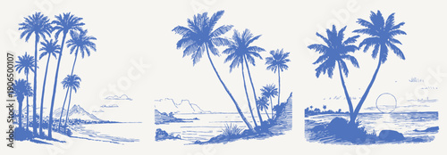 Palm coastline sunset ocean waves tranquil set. Hand drawn crayon vintage sketch drawing line art. Blue tropical shores with clouds and trees for summer backgrounds.