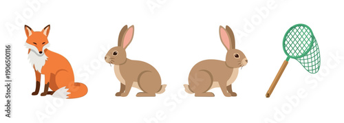 A collection of wildlife symbols featuring an orange fox, two brown rabbits, and a green hunting net, ideal for educational content, naturethemed projects, and engaging childrens media.