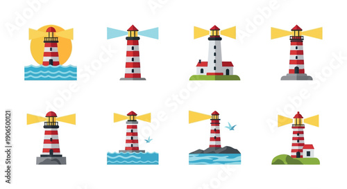 Collection of vibrant lighthouses providing navigational guidance and coastal warning, perfect for travel industry marketing, educational resources, or nautical themed graphic applications.