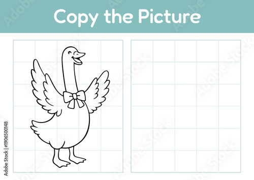 Cartoon goose with wings spread and bow tie for kids activity  