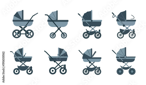 Collection of various modern baby carriage and perambulator designs for infant transport and parent convenience for use in family care publications and product guides