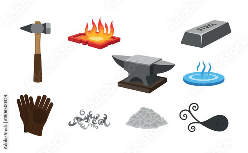 Comprehensive collection of blacksmithing tools and materials including a hammer, fiery forge, steel ingot, sturdy anvil, quenching water, protective gloves, metal shavings, ash, and a