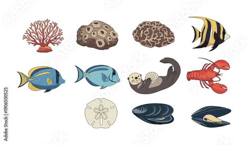 Colorful display of diverse marine life and ocean inhabitants showcasing intricate coral, tropical fish, a playful sea otter, and various shellfish for educational materials and nature