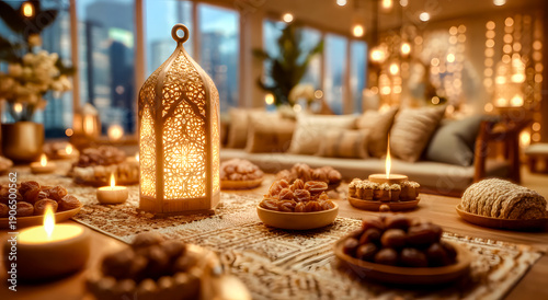 Ramadan banner with lantern glowing with candles and sweets on table, cozy cushions and string lights in background. Ramadan Kareem, Eid Mubarak, hospitality, and cultural celebration concept