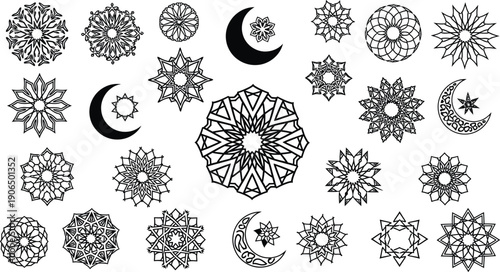 Collection of floral patterns and moon phases illustration in black and white on a solid background from various viewpoints.