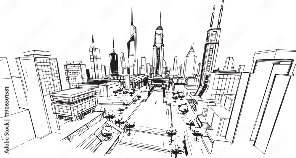 Obraz premium City landscape. Different buildings on street, outline cityscape hand sketch, flat houses. Hand drawn vector illustration