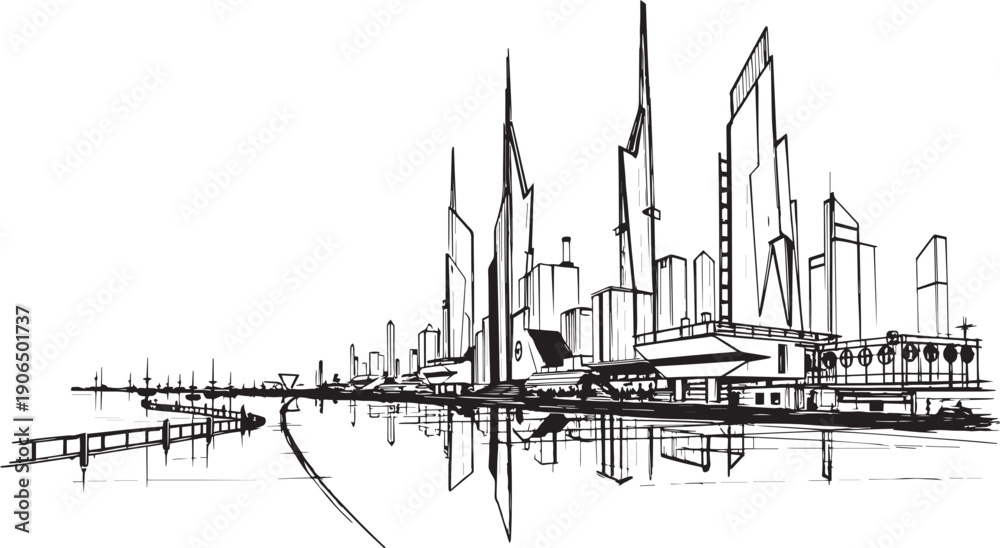 Obraz premium City landscape. Different buildings on street, outline cityscape hand sketch, flat houses. Hand drawn vector illustration