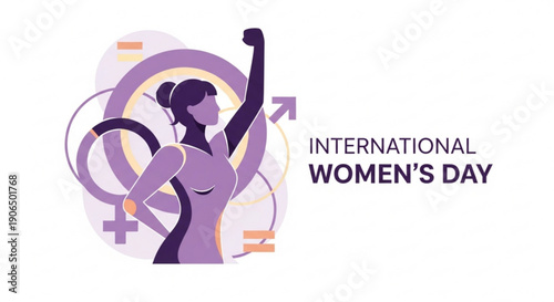 Empowered woman celebrating international women's day with raised fist and equality symbols