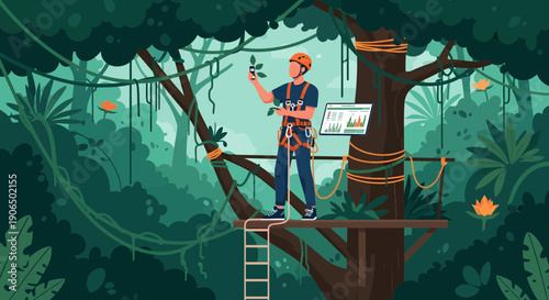 Arborist Inspecting Tree Health in Jungle Canopy.