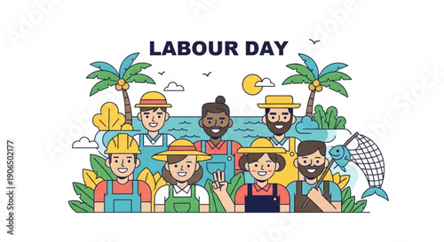 Diverse labour day celebration with workers on beach holiday palm trees and ocean background