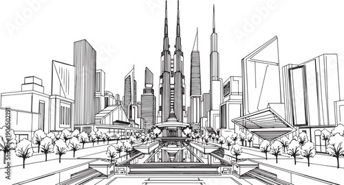 City landscape. Different buildings on street, outline cityscape hand sketch, flat houses. Hand drawn vector illustration