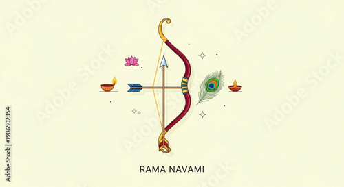 Hindu festival rama navami bow and arrow symbol with peacock feather and diyas on pale background