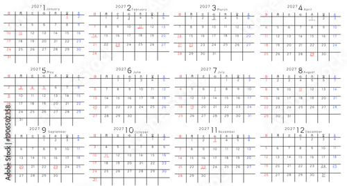 2027年 1月から12月　年間カレンダー　曜日日本語