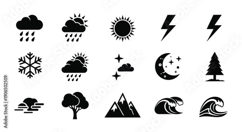 Black weather icons depicting various atmospheric conditions and natural elements