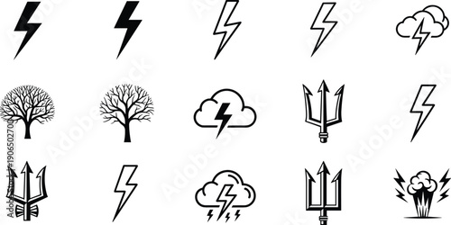 Lightning, icons, energy, power, electricity, storm, thunder, cloud, trident, explosion, mythology, nature, silhouette, graphic, design, elements, electric, force, flat vector illustration