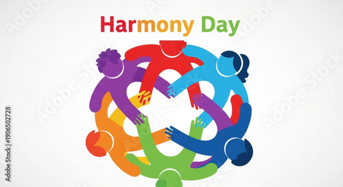 Diverse people joining hands in a circle on harmony day symbolizing unity and togetherness with colorful illustration