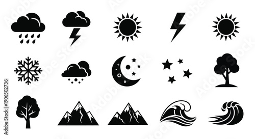 Black silhouette icons depicting various weather conditions and natural elements