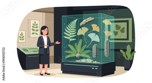 Museum Exhibit with Plant Specimens and a Docent Explaining the Display.
