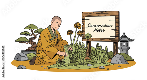 Monk tending a garden with a sign reading Conservation Notes.