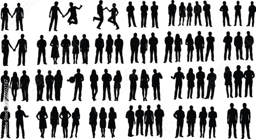 People interaction silhouettes collection, pairs of figures in conversation, gestures, body language, relationships, social communication elements, flat vector illustration