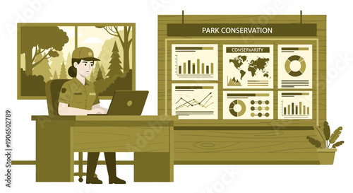Park Ranger Analyzing Conservation Data on Laptop at Desk.