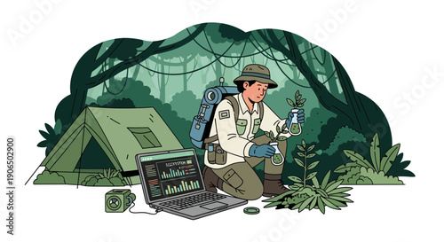 Researcher Analyzing Plant Specimen in Jungle Camp.