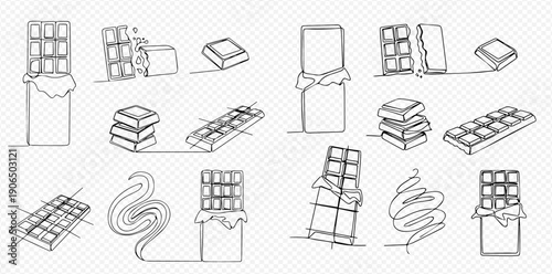 Continuous line drawing of chocolate bars and pieces, sweet dessert food in various forms, vector illustration set.
