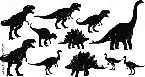 Dinosaur silhouettes collection, Tyrannosaurus rex, y, educational paleontology elements, ancient reptile designs, flat vector illustration